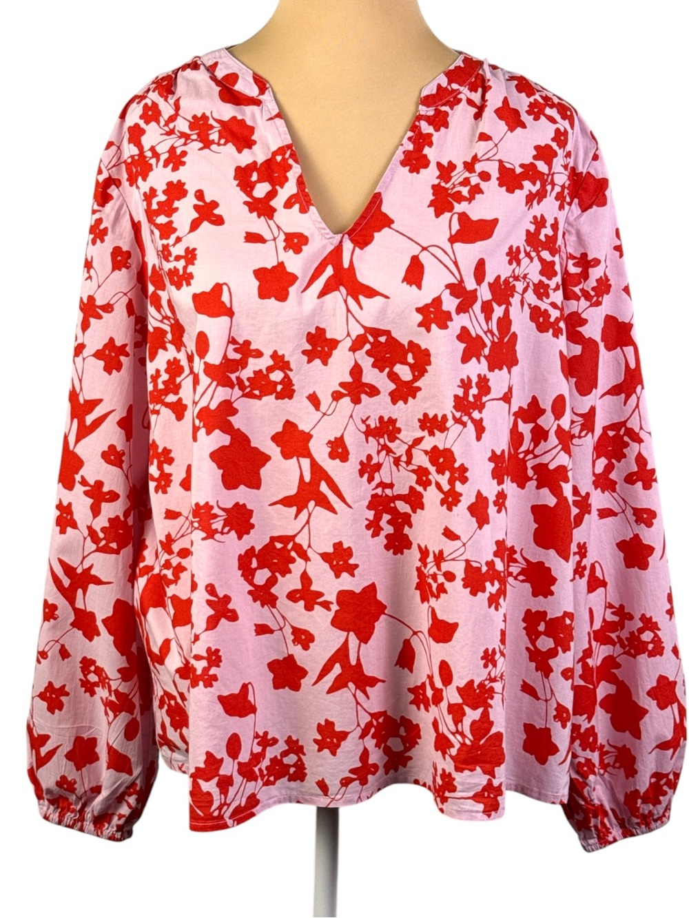 Candace Cameron Bure Pink and Red Floral V-Neck Blouse Size Large